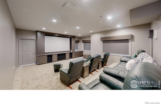 carpeted home theater with baseboards and recessed lighting