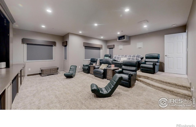 home theater with carpet floors, recessed lighting, and baseboards