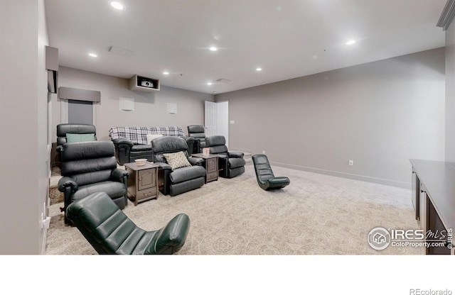 carpeted cinema featuring baseboards and recessed lighting