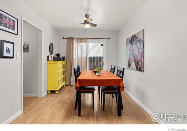 dining space with light wood finished floors, a ceiling fan, and baseboards