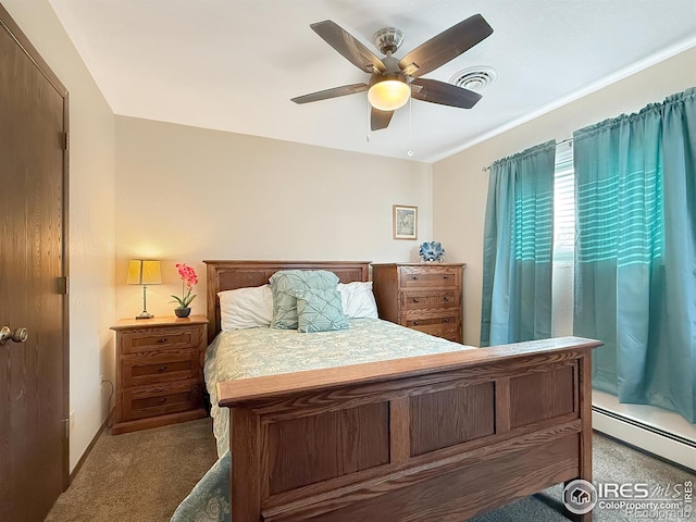 bedroom with ceiling fan, carpet floors, a baseboard radiator, and visible vents