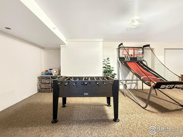 rec room with a textured ceiling and carpet flooring