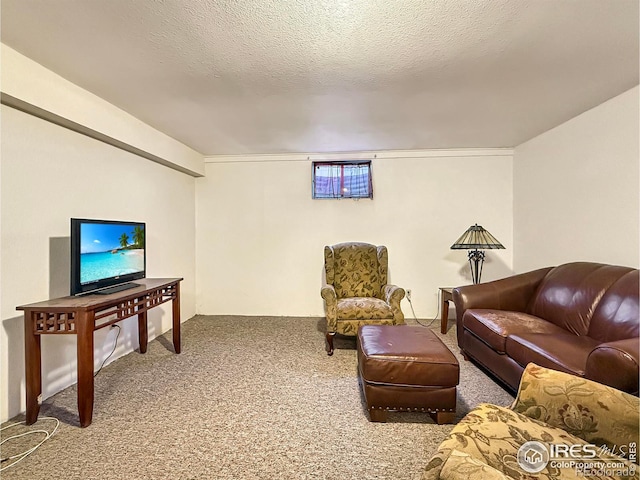 living area featuring carpet floors and a textured ceiling