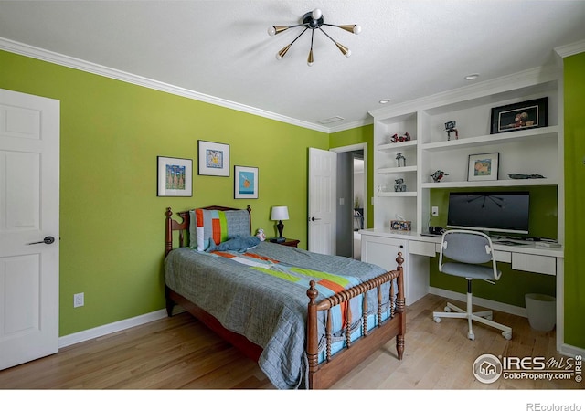 7034 Indian Peaks Trl, Boulder, CO 80301 - bedroom with light wood-style flooring, ornamental molding, a desk, and baseboards