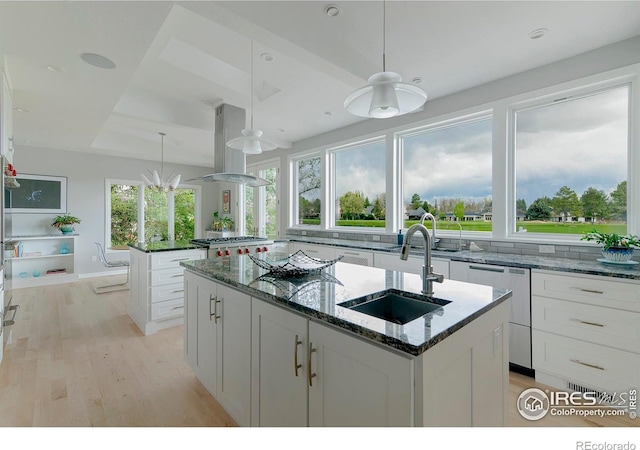 7034 Indian Peaks Trl, Boulder, CO 80301 - kitchen with a sink, island exhaust hood, a kitchen island with sink, stainless steel dishwasher, and light wood-type flooring