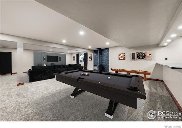 11837 County Road 39, Fort Lupton, CO 80621 - game room with baseboards, billiards, recessed lighting, carpet flooring, and a wood stove