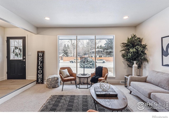 living area with visible vents, baseboards, carpet, a textured ceiling, and recessed lighting