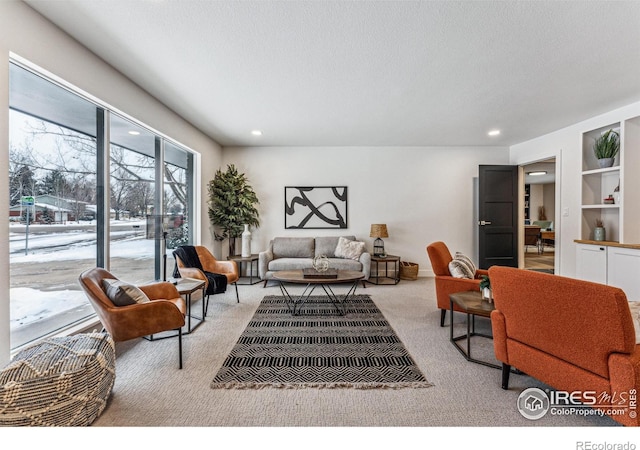 living area with a textured ceiling, carpet floors, and recessed lighting