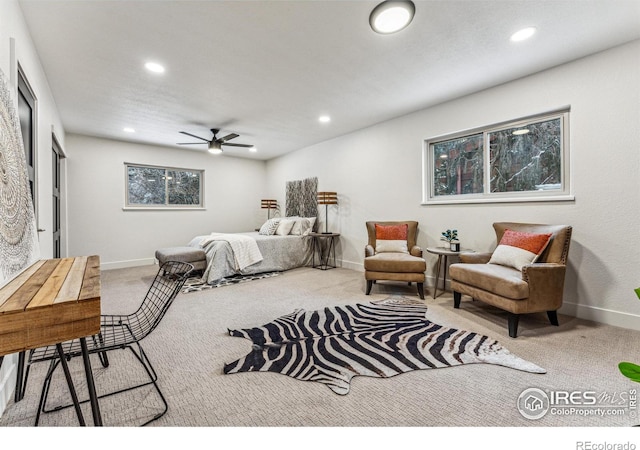 carpeted bedroom with recessed lighting, ceiling fan, and baseboards