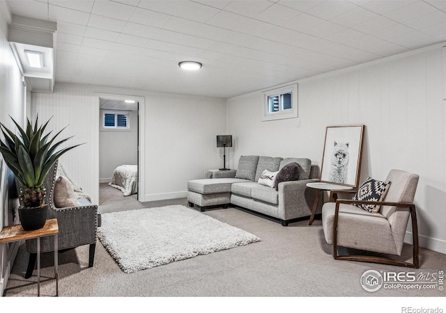 living area featuring carpet flooring