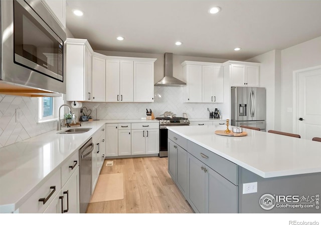 kitchen featuring a sink, a kitchen island, white cabinetry, appliances with stainless steel finishes, and wall chimney range hood