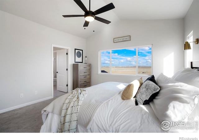 carpeted bedroom featuring vaulted ceiling, a ceiling fan, and baseboards