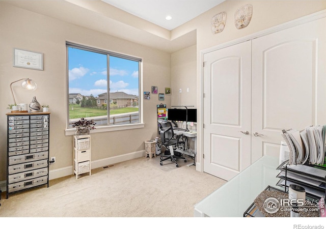 office with recessed lighting, light colored carpet, visible vents, and baseboards