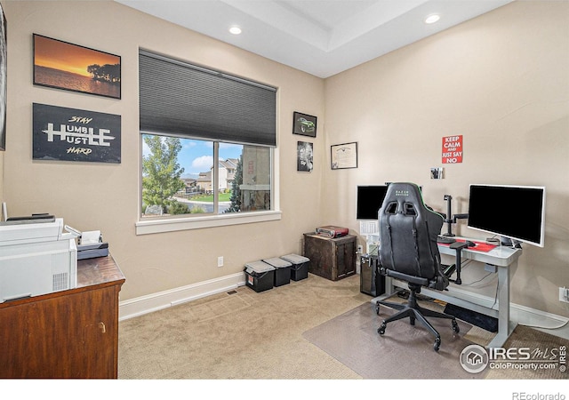 home office featuring recessed lighting, carpet flooring, and baseboards