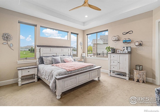 bedroom with light carpet, baseboards, and recessed lighting