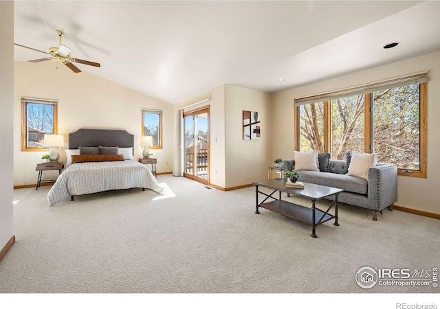 carpeted bedroom with lofted ceiling, access to outside, recessed lighting, and baseboards