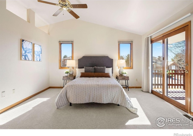 bedroom with carpet floors, access to outside, and vaulted ceiling