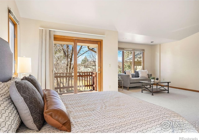 carpeted bedroom featuring baseboards and access to exterior