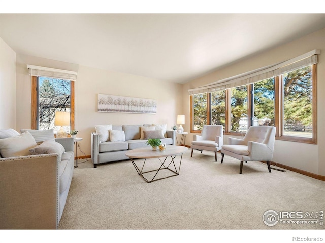 living area with baseboards, carpet, and visible vents