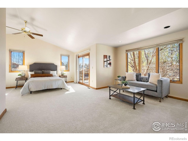 bedroom with baseboards, carpet, access to exterior, and multiple windows