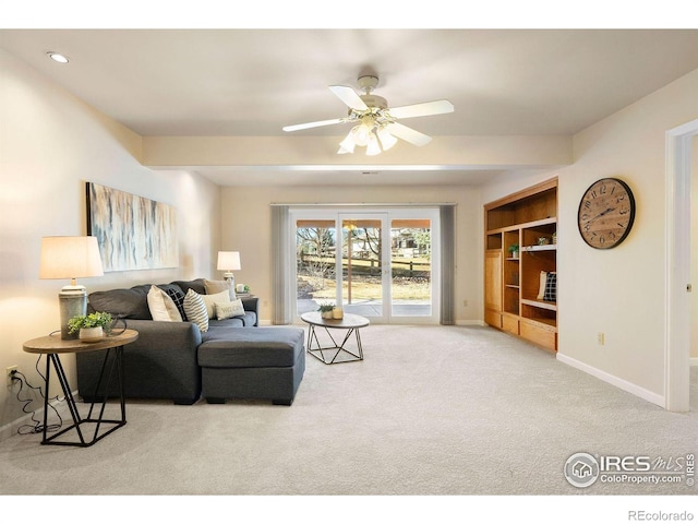 carpeted living room with recessed lighting, baseboards, and ceiling fan