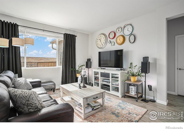 living area featuring wood finished floors and baseboards