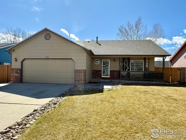 326 Riviera Ln, Johnstown, CO 80534 - single story home featuring an attached garage, fence, brick siding, and concrete driveway
