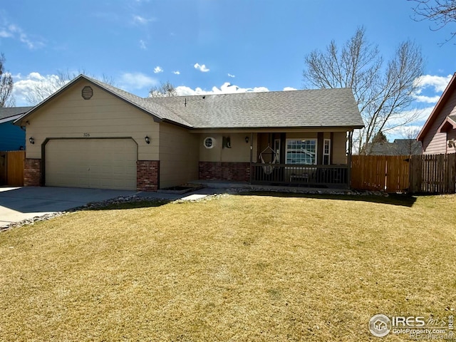 326 Riviera Ln, Johnstown, CO 80534 - ranch-style house featuring driveway, covered porch, fence, an attached garage, and brick siding