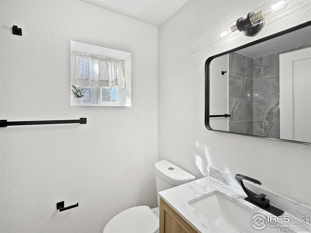 bathroom with toilet, a textured wall, and vanity