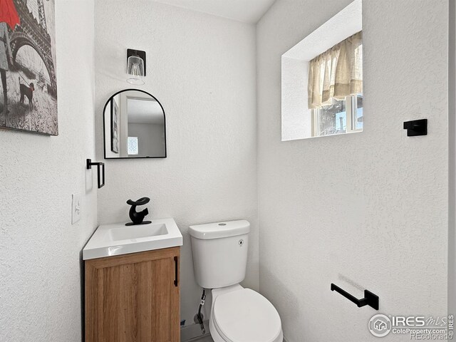 bathroom featuring toilet, a textured wall, and vanity