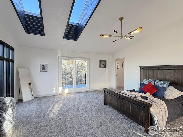 bedroom featuring lofted ceiling with skylight, carpet, baseboards, and access to outside