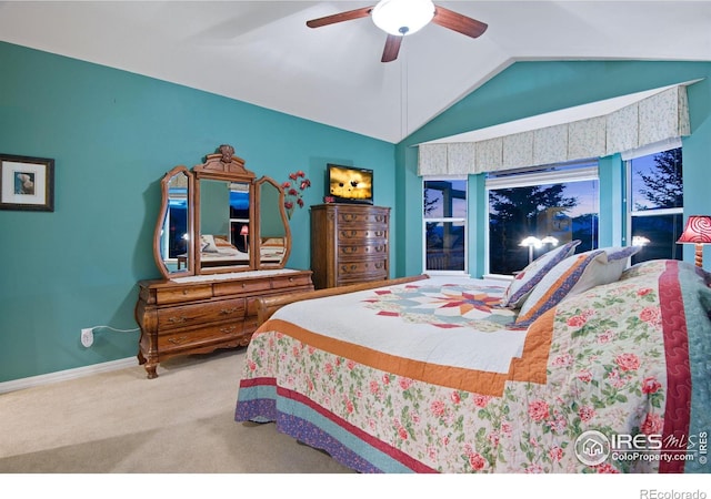 2185 Diamond Creek Dr, Colorado Springs, CO 80921 - bedroom with lofted ceiling, carpet, a ceiling fan, and baseboards