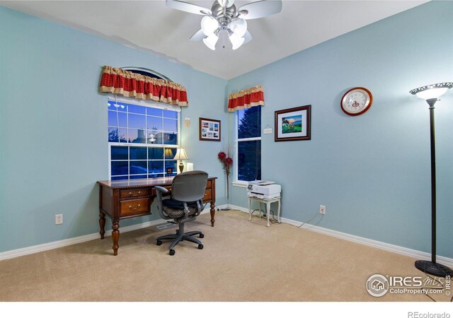 2185 Diamond Creek Dr, Colorado Springs, CO 80921 - carpeted office featuring ceiling fan and baseboards