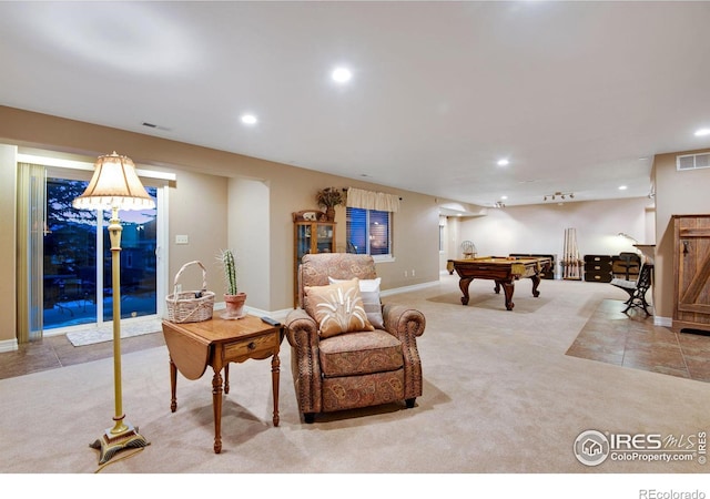 2185 Diamond Creek Dr, Colorado Springs, CO 80921 - recreation room featuring light carpet, visible vents, and recessed lighting