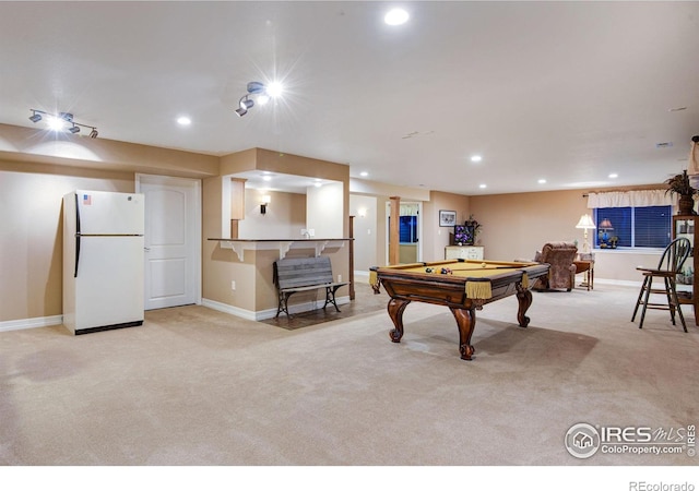 2185 Diamond Creek Dr, Colorado Springs, CO 80921 - rec room featuring recessed lighting, pool table, light colored carpet, and baseboards