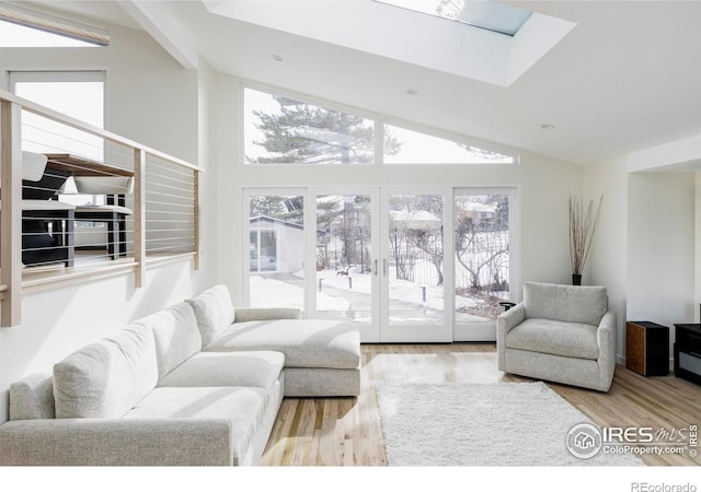 living area featuring plenty of natural light, a skylight, and light wood-style flooring