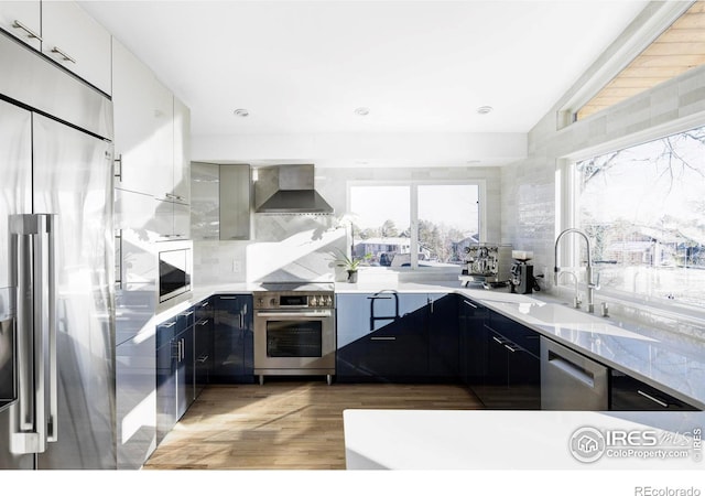 kitchen featuring built in appliances, white cabinets, decorative backsplash, wall chimney exhaust hood, and modern cabinets