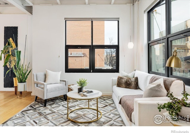 living room featuring light wood-type flooring and baseboards