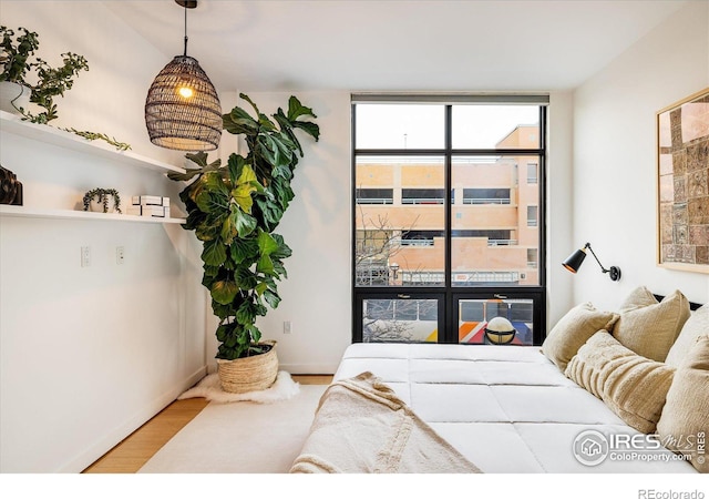 bedroom with light wood-type flooring and a wall of windows