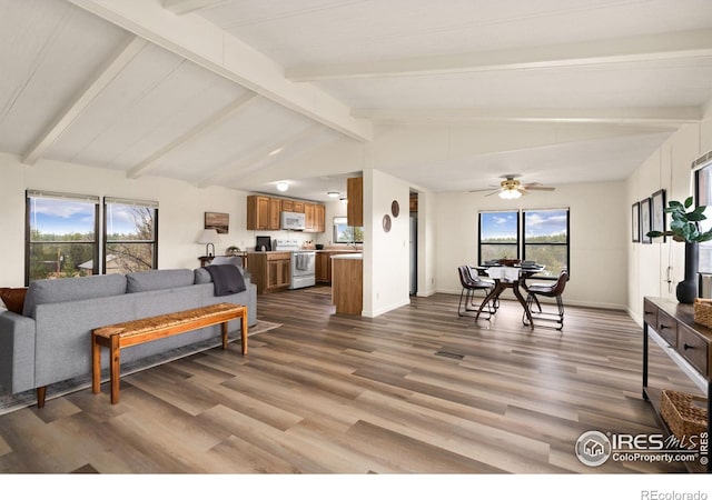 living room featuring lofted ceiling with beams, ceiling fan, baseboards, and wood finished floors