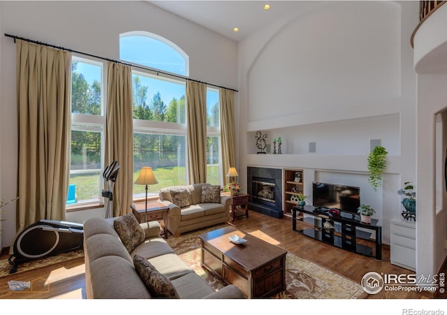 living area featuring recessed lighting, a fireplace, and light wood-style flooring