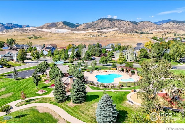 aerial view featuring a residential view and a mountain view