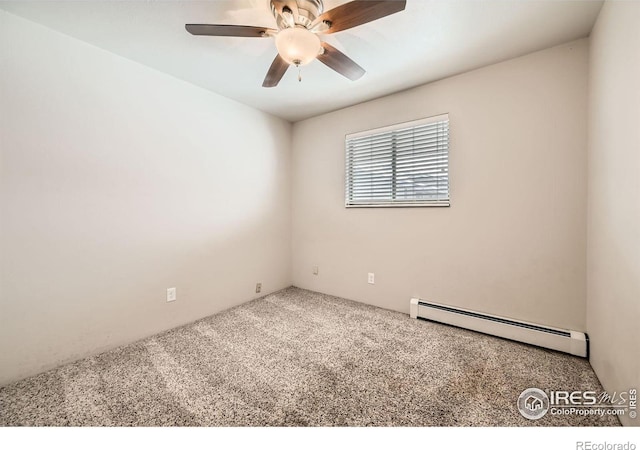 carpeted empty room featuring a baseboard radiator and ceiling fan