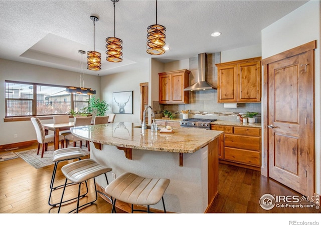 kitchen featuring a center island with sink, wall chimney exhaust hood, decorative light fixtures, a tray ceiling, and high end stove