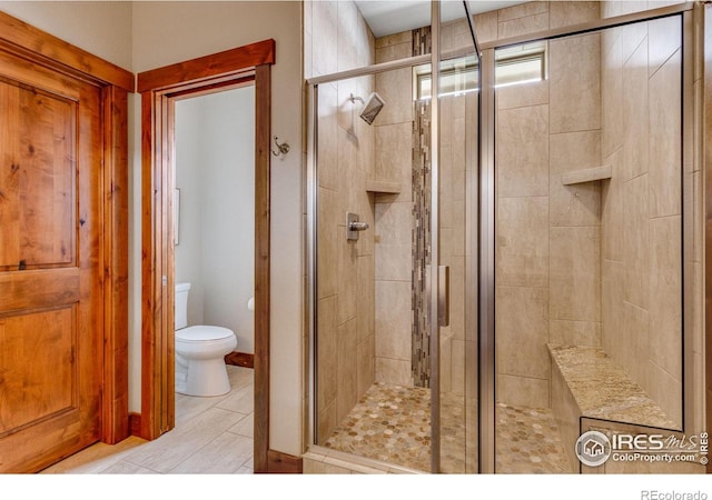 bathroom featuring a stall shower, toilet, and wood finished floors