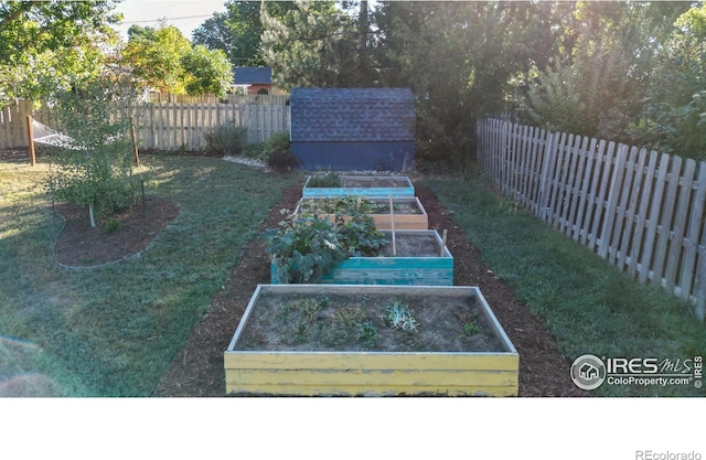 view of yard featuring a fenced backyard and a vegetable garden