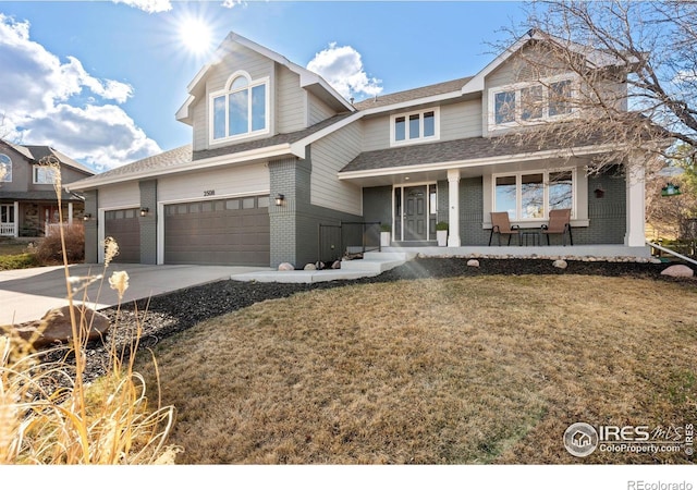 2508 Doolittle Ct, Fort Collins, CO 80526 - view of front of home featuring brick siding, a garage, covered porch, driveway, and a shingled roof