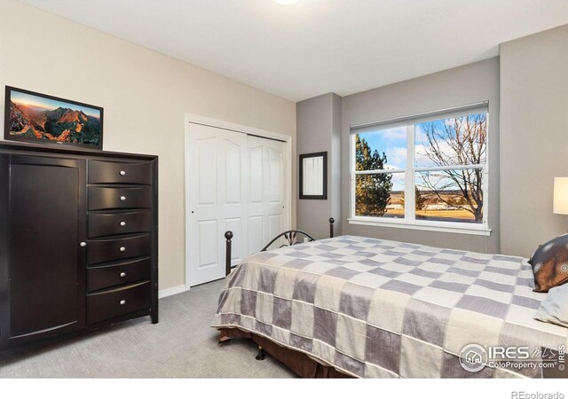 bedroom featuring a closet and light colored carpet