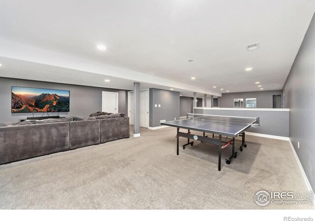 recreation room featuring recessed lighting, visible vents, baseboards, and light colored carpet