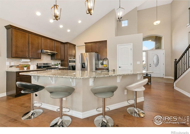 kitchen with an island with sink, decorative light fixtures, stainless steel appliances, under cabinet range hood, and a sink